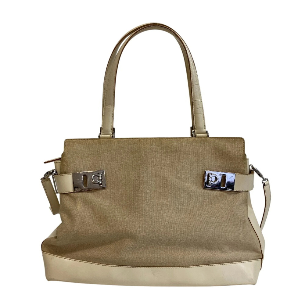 Salvatore Ferragamo 2-way Tote Handbag Gancini Shoulder Bag Beige